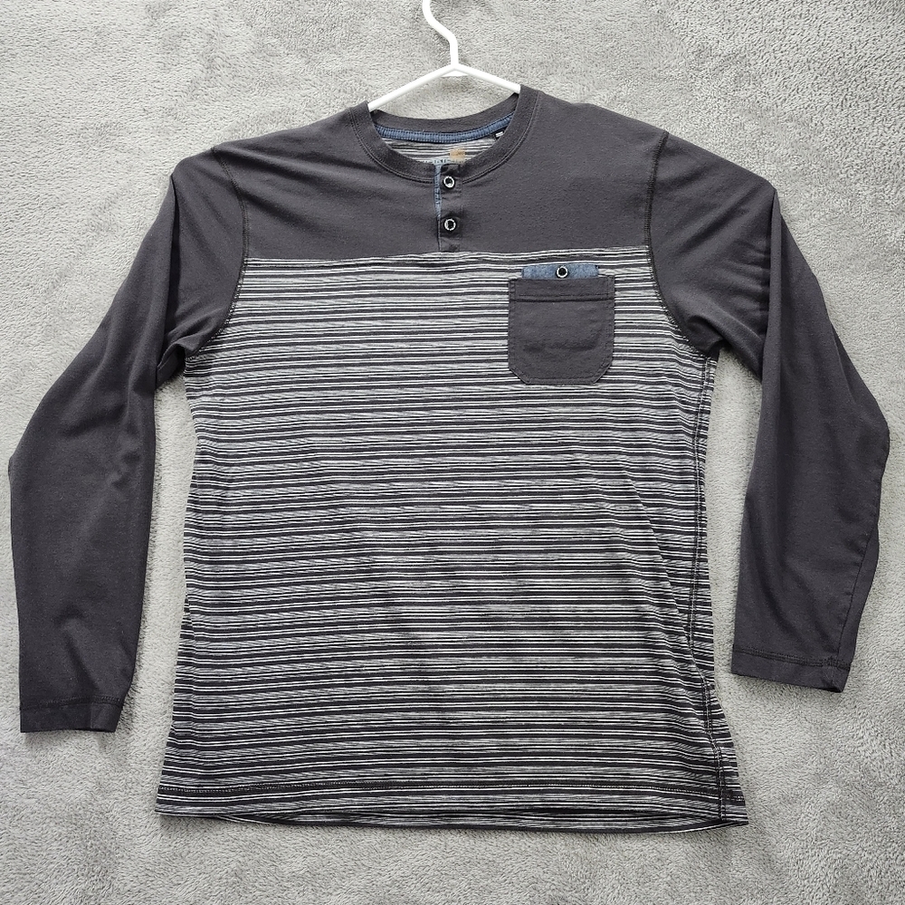 Burnside Shirt Men's Large Long Sleeve Pocket Stripped  Black Grey